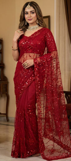 Red and Maroon color Saree in Net fabric with Bugle Beads work