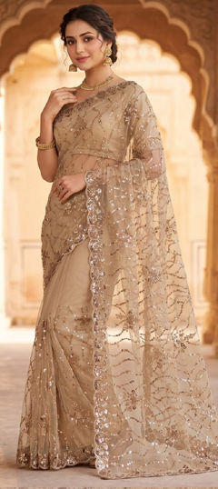 Beige and Brown color Saree in Net fabric with Bugle Beads work