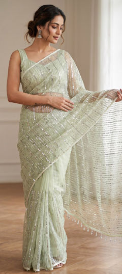 Green color Saree in Net fabric with Bugle Beads, Lace, Moti work