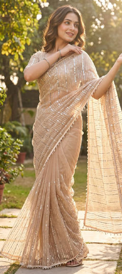 Beige and Brown color Saree in Net fabric with Bugle Beads, Lace, Moti work