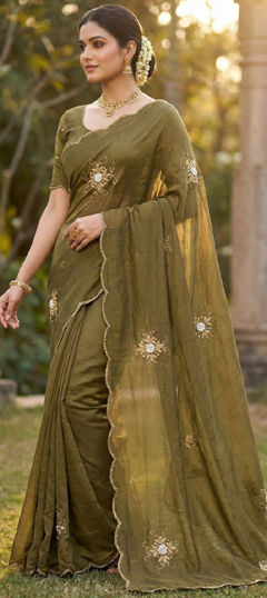 Green color Saree in Crushed Silk fabric with Border, Cut Dana, Moti, Resham work