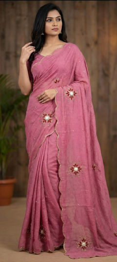 Pink and Majenta color Saree in Crushed Silk fabric with Border, Cut Dana, Moti, Resham work