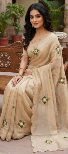 Beige and Brown color Saree in Crushed Silk fabric with Border, Cut Dana, Moti, Resham work