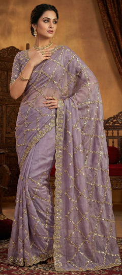 Purple and Violet color Saree in Tissue fabric with Bugle Beads work