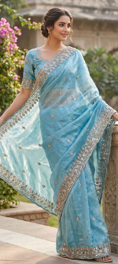 Blue color Readymade Saree in Tissue fabric with Embroidered, Sequence work