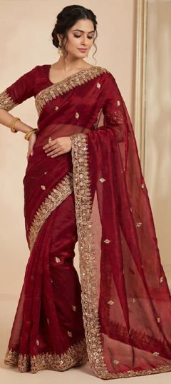 Red and Maroon color Readymade Saree in Tissue fabric with Embroidered, Sequence work