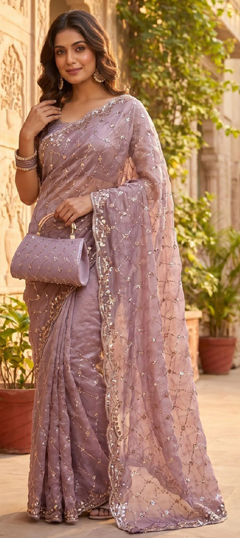 Purple and Violet color Saree in Silk fabric with Border, Bugle Beads work