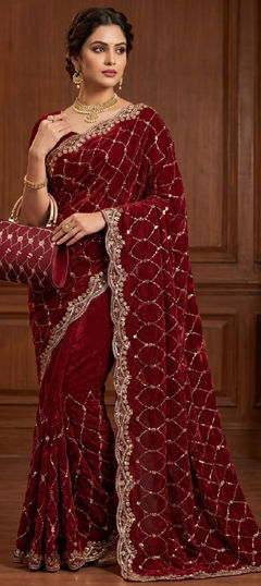 Red and Maroon color Saree in Silk fabric with Border, Bugle Beads work