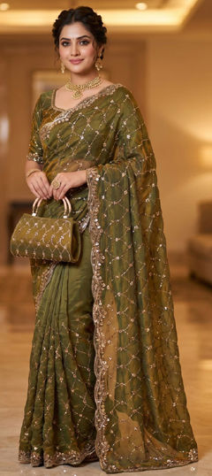 Green color Saree in Silk fabric with Border, Bugle Beads work