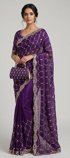 Purple and Violet color Saree in Silk fabric with Border, Bugle Beads work