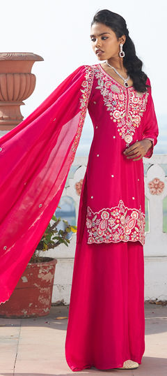 Pink and Majenta color Salwar Kameez in Chinon Silk fabric with Embroidered work