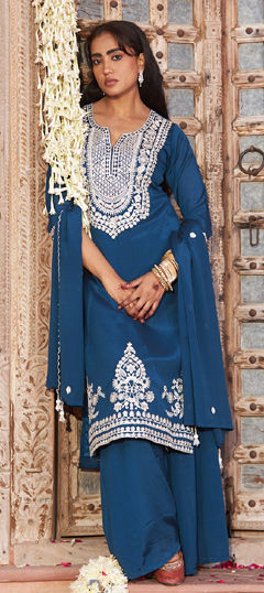 Blue color Salwar Kameez in Chinon Silk fabric with Embroidered work