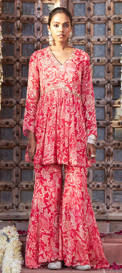 Pink and Majenta color Salwar Kameez in Chinon Silk fabric with Embroidered work