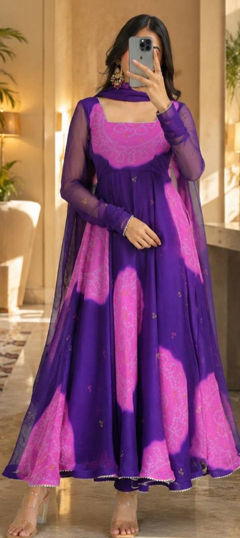 Purple and Violet color Salwar Kameez in Faux Georgette fabric with Bandhej, Lace, Printed work