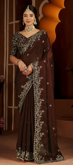 Beige and Brown color Saree in Satin Silk fabric with Embroidered, Sequence work