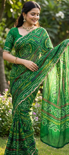 Green color Saree in Faux Georgette fabric with Bandhej, Bugle Beads, Printed work