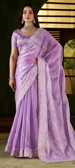 Purple and Violet color Saree in Chinon Silk fabric with Embroidered, Sequence work