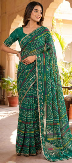 Green color Saree in Faux Georgette fabric with Bandhej, Bugle Beads, Printed work