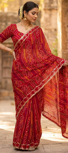Red and Maroon color Saree in Faux Georgette fabric with Bandhej, Bugle Beads, Printed work