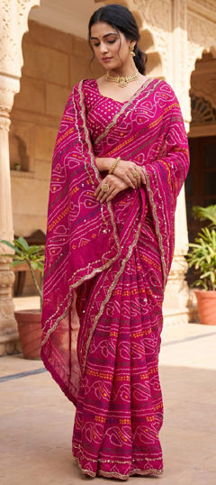 Pink and Majenta color Saree in Faux Georgette fabric with Bandhej, Bugle Beads, Printed work