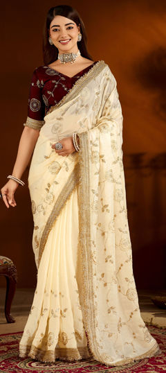 Beige and Brown color Saree in Satin Silk fabric with Embroidered work