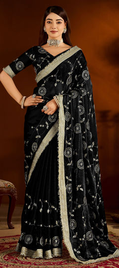 Black and Grey color Saree in Satin Silk fabric with Embroidered work