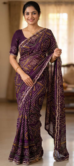 Purple and Violet color Saree in Faux Georgette fabric with Bandhej, Bugle Beads, Printed work