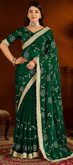 Green color Saree in Satin Silk fabric with Embroidered work