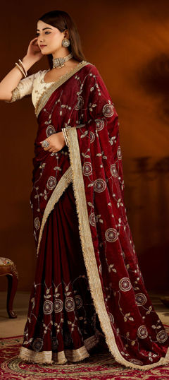 Red and Maroon color Saree in Satin Silk fabric with Embroidered work