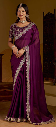 Purple and Violet color Saree in Silk fabric with Embroidered work