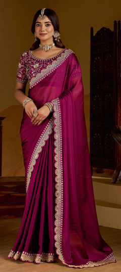 Pink and Majenta color Saree in Silk fabric with Embroidered work