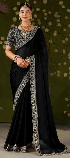 Black and Grey color Saree in Silk fabric with Embroidered work