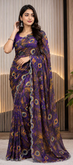 Purple and Violet color Saree in Georgette fabric with Printed work