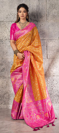 Orange, Pink and Majenta color Saree in Banarasi Silk fabric with Weaving, Zari work