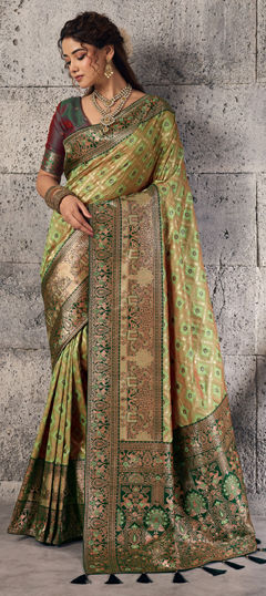 Green color Saree in Banarasi Silk fabric with Weaving, Zari work