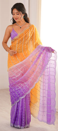 Purple and Violet color Saree in Tissue fabric with Embroidered, Sequence work