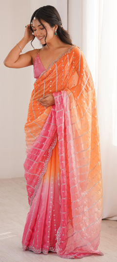 Orange color Saree in Tissue fabric with Embroidered, Sequence work