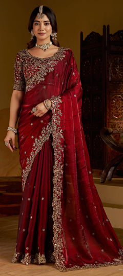 Red and Maroon color Saree in Satin Silk fabric with Embroidered, Sequence work