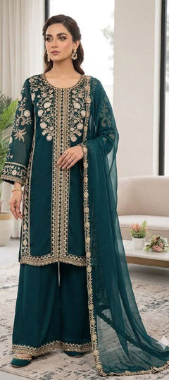 Blue color Salwar Kameez in Roman Silk fabric with Embroidered, Sequence work
