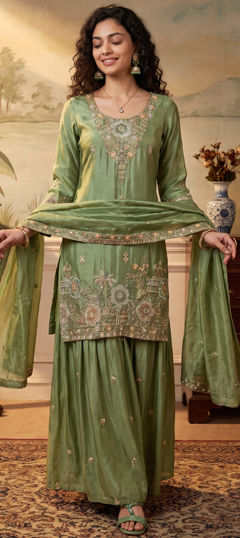 Green color Salwar Kameez in Tissue fabric with Embroidered, Sequence work