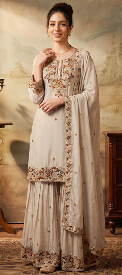 White and Off White color Salwar Kameez in Chinon Silk fabric with Bugle Beads, Embroidered, Sequence work