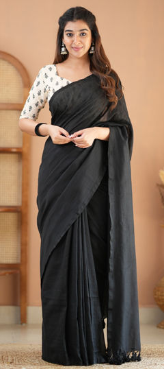 Black and Grey color Saree in Cotton fabric with Printed work