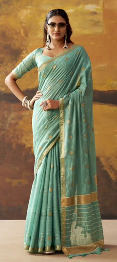 Green color Saree in Cotton fabric with Weaving work