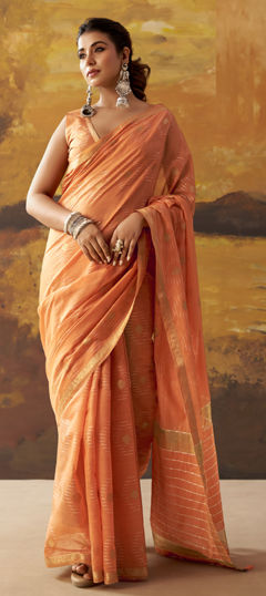 Orange color Saree in Cotton fabric with Weaving work