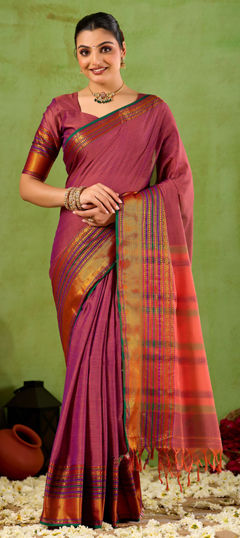 Pink and Majenta color Saree in Cotton fabric with Printed work