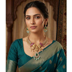 Gold Rodium Polish Multicolor color Necklace in Copper studded with CZ Diamond, Pearl