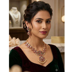 Gold Rodium Polish Red and Maroon color Necklace in Copper studded with CZ Diamond, Pearl