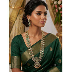 Gold Rodium Polish Green color Necklace in Copper studded with CZ Diamond, Pearl
