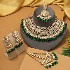 Gold Rodium Polish Green color Necklace in Metal Alloy studded with CZ Diamond, Pearl