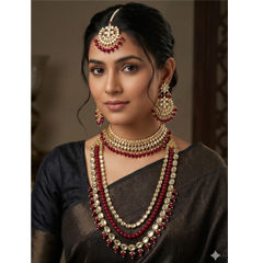 Gold Rodium Polish Red and Maroon color Necklace in Metal Alloy studded with Kundan